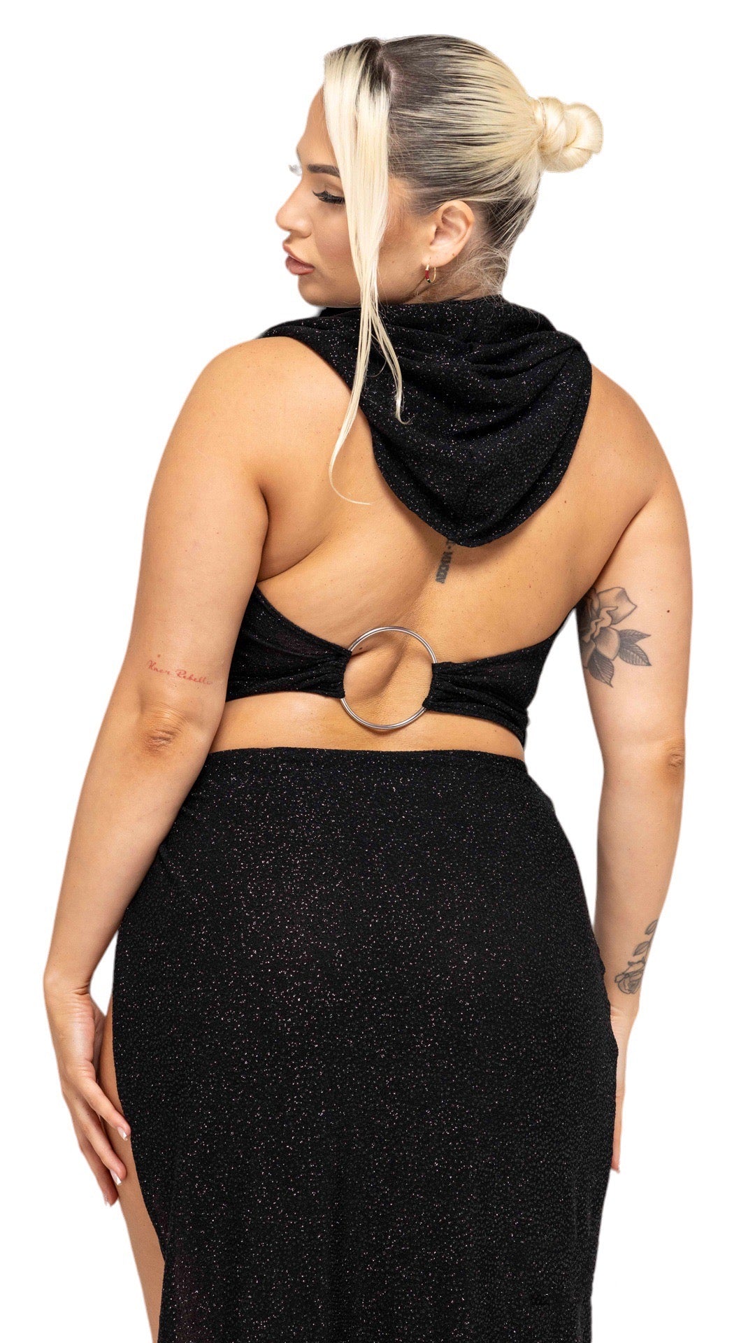 BADGAL ONLINE COWL SEXY HOODIE -Made from a a soft black glittery jersey fabric